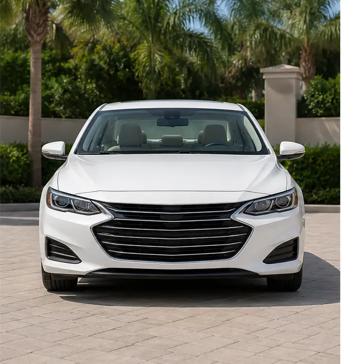 Pearl White sedan shown from the front during the day