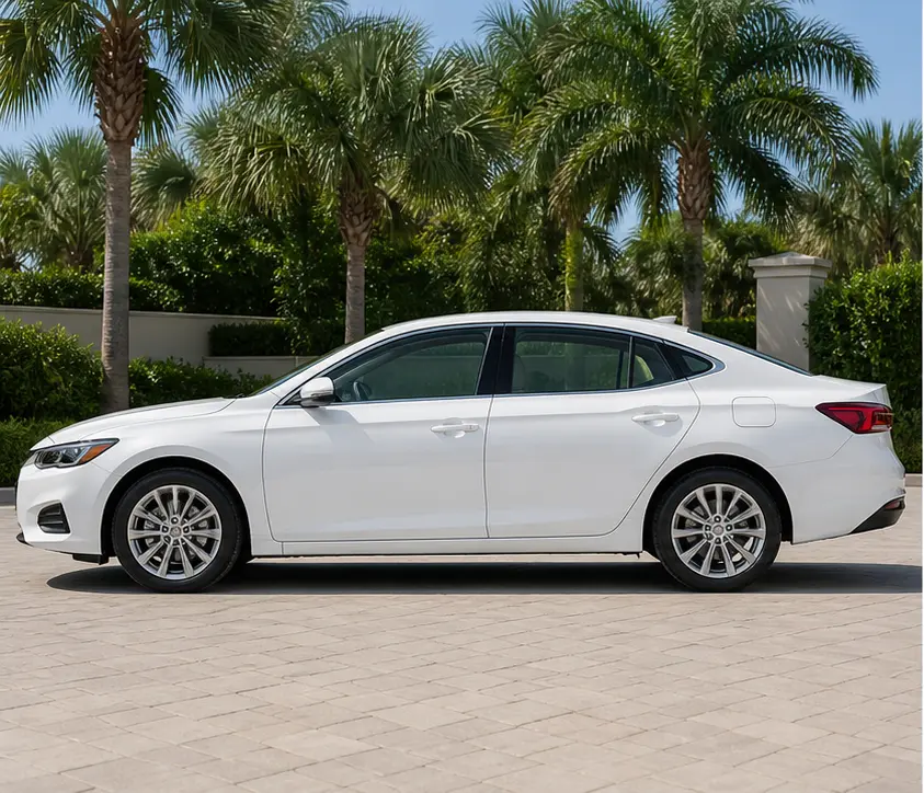 Centered white sedan shown from the side during the day